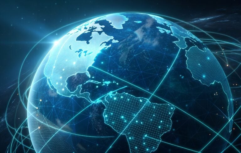 Holographic globe with glowing data grid