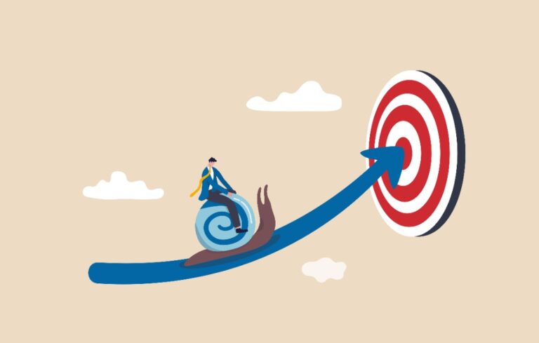 businessman riding snail slow walking on arrow to reach target.
