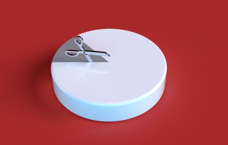 3D rendered pie chart in neutral colors with different sized parts on a red background.