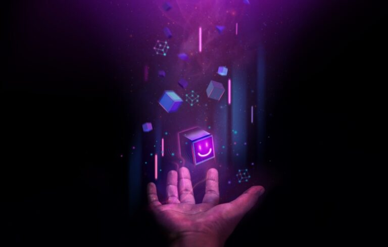 Hand Levitating a Digital Smiling Box Icon and many Futuristic Graphic to Connecting the Universe