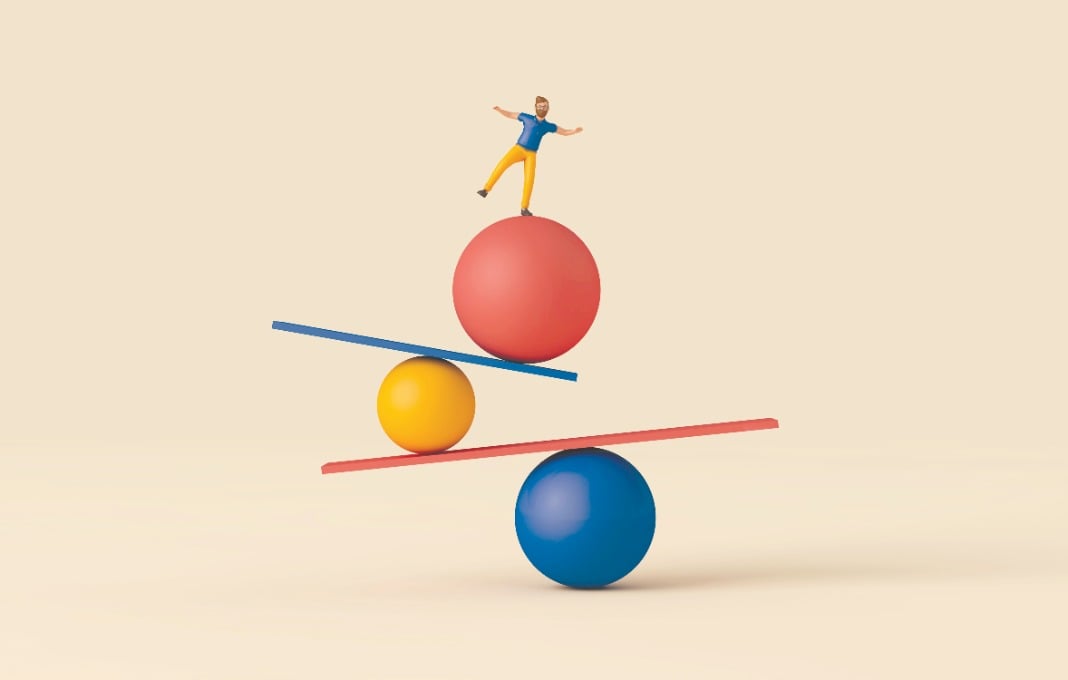 Illustration of man balancing on series of balls and platforms