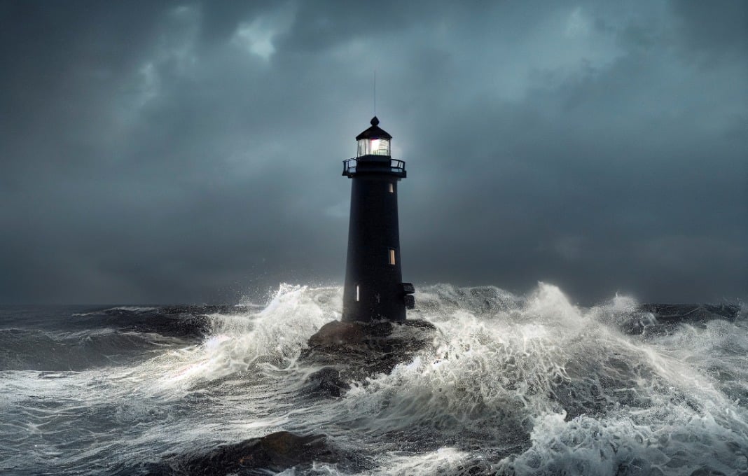 Lighthouse by the ocean, stormy sky, crashing waves