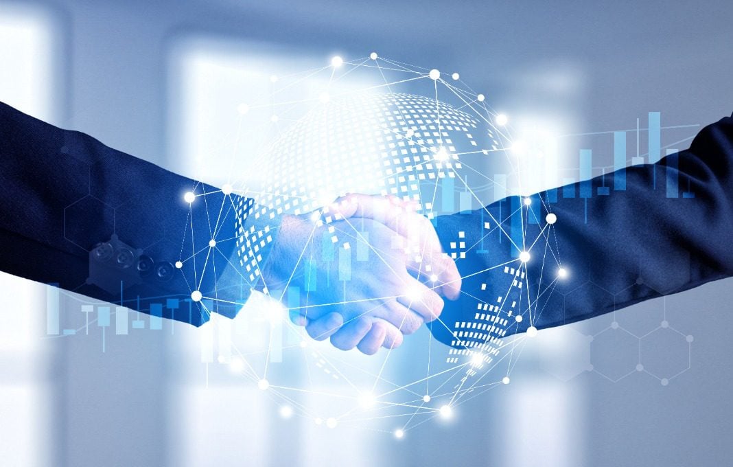 Businessmen handshake global stock market graph bar chart globe network connection links diagram background.