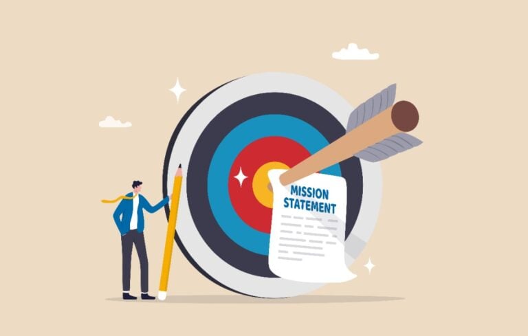 Illustration of businessman standing next to arrow hitting mission statement on bullseye