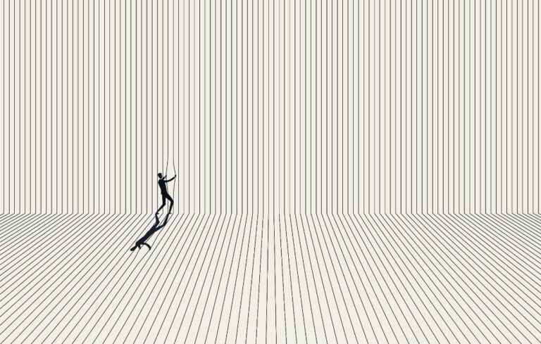 Illustration of man pushing through straight lines