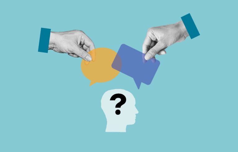 Head with sign of question is looking two big arms hold Dialogue Bubbles