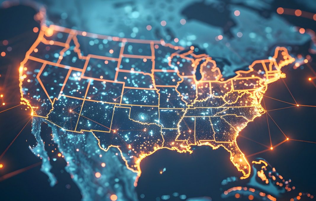 Digital map of the United States with glowing connections, representing global connectivity and technology in business