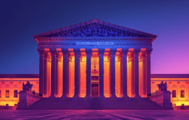 A vivid image of the Supreme Court building in Washington, D.C. at dusk, illuminated with bright orange and purple light