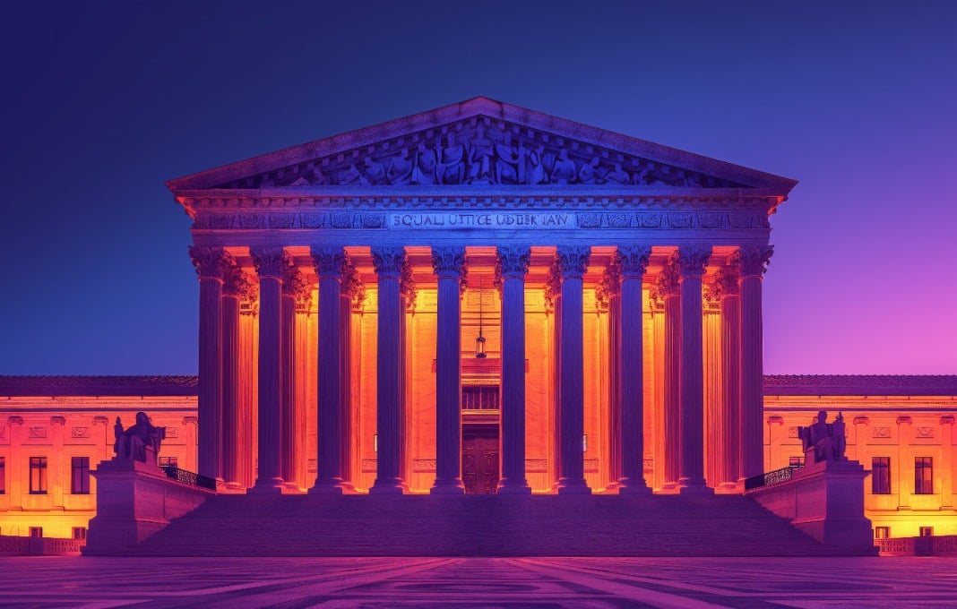 A vivid image of the Supreme Court building in Washington, D.C. at dusk, illuminated with bright orange and purple light