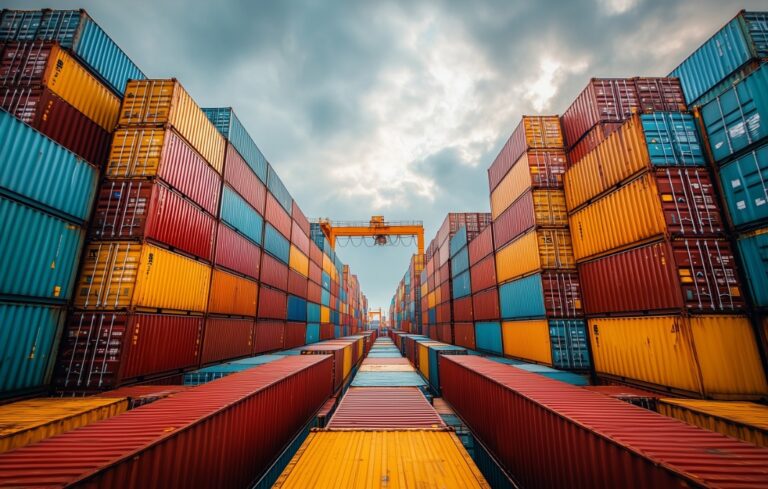 A sea of colorful shipping containers, stacked high and reaching towards the sky