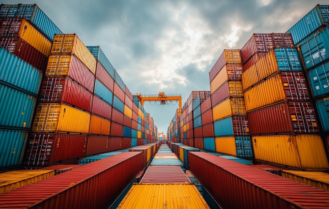 A sea of colorful shipping containers, stacked high and reaching towards the sky