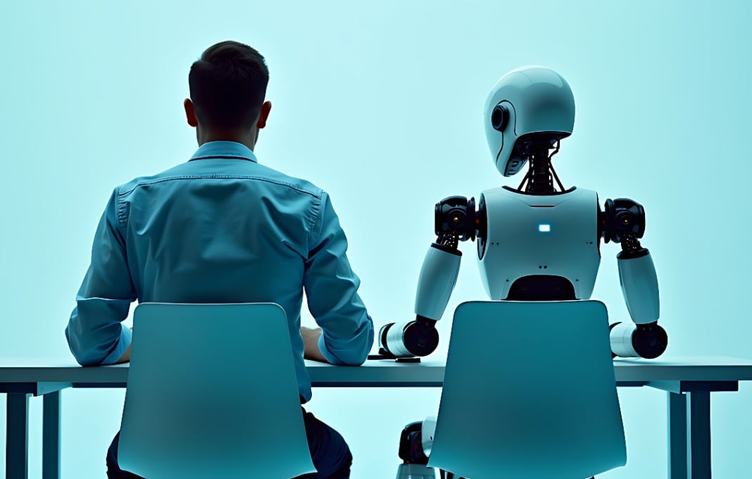 Rearview of the businessman in an elegant suit sitting in a chair next to the white robot cyborg in a studio.