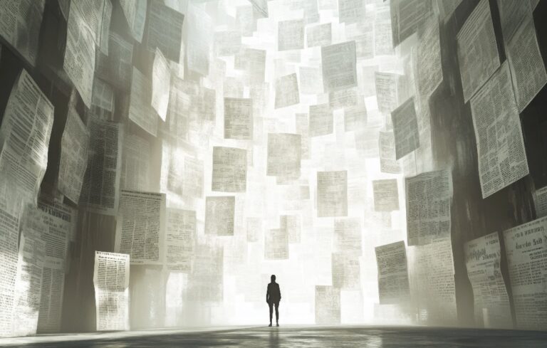 executive surrounded by pages of text