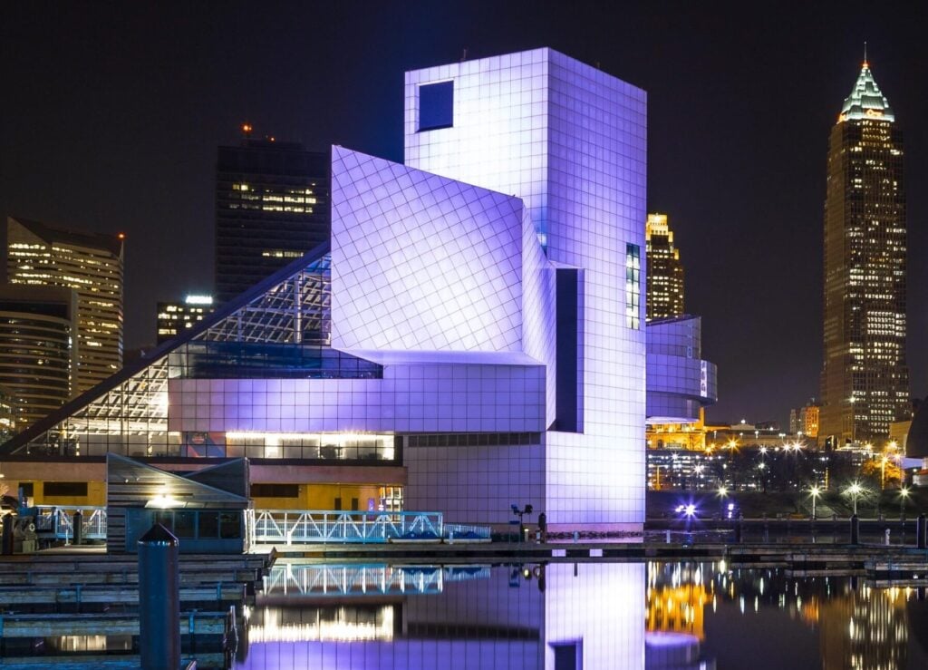 Rock hall shined with a violet light from the bottom.